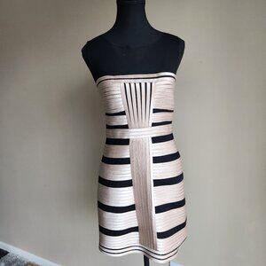 BCBGMaxAzria Brenda Stretch Satin Bandage Bodycon Dress Gold Black Mesh size 10